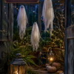 Sheer Fabric Ghosts Floating Over Fairy Light Walkway