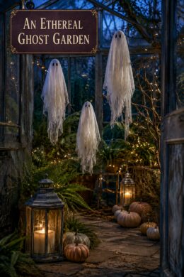 Sheer Fabric Ghosts Floating Over Fairy Light Walkway