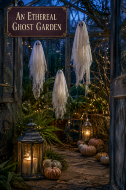Sheer Fabric Ghosts Floating Over Fairy Light Walkway