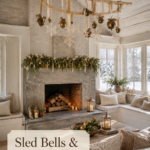 Fireside Christmas room with hanging sled bells evergreen mantel garland lanterns and cozy cream textiles