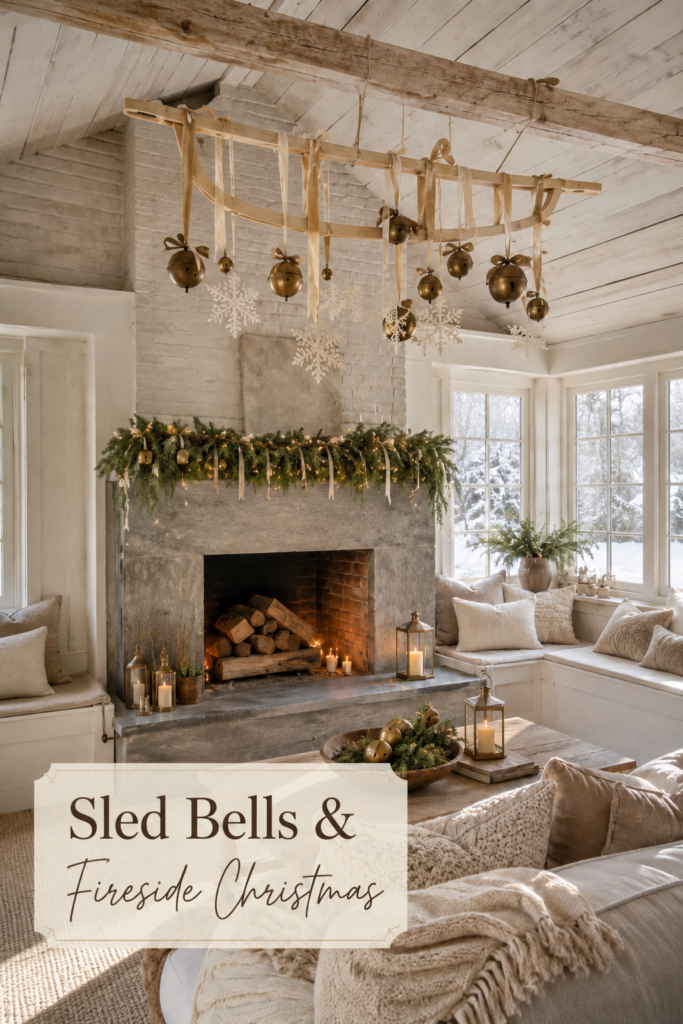 Fireside Christmas room with hanging sled bells evergreen mantel garland lanterns and cozy cream textiles