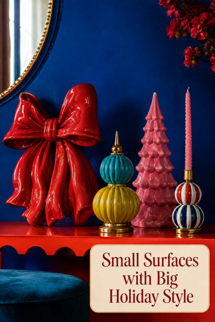 small holiday console display with bold ceramic decorations and warm headline panel
