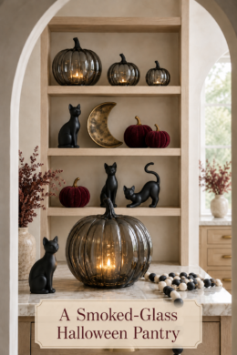 Smoked Glass Pumpkin and Cats Pantry Halloween Display