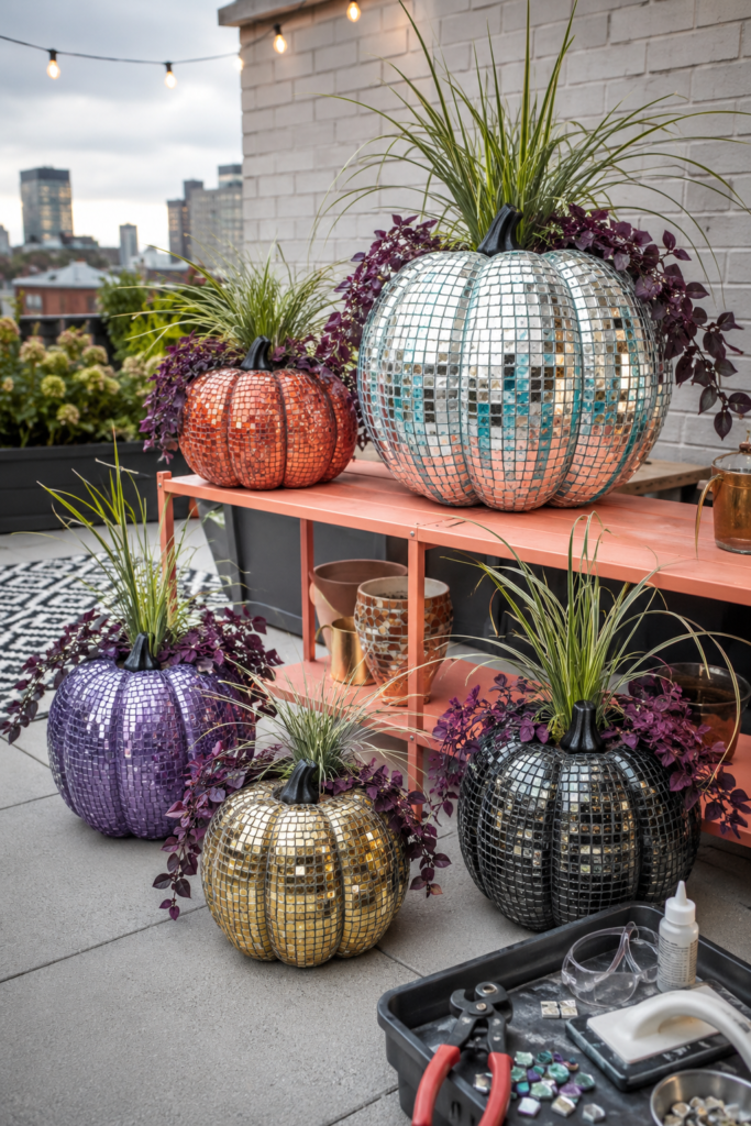 DIY Disco-Mosaic Pumpkin Planters