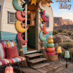 Spellbinding Halloween camper entry headline beside a vintage trailer framed with candy toned moons and stars