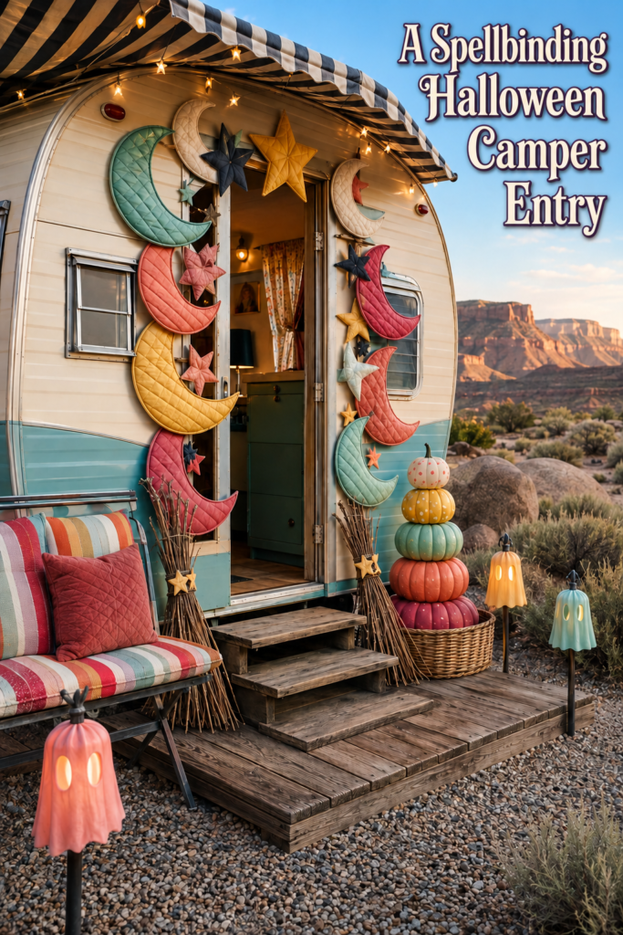 Spellbinding Halloween camper entry headline beside a vintage trailer framed with candy toned moons and stars