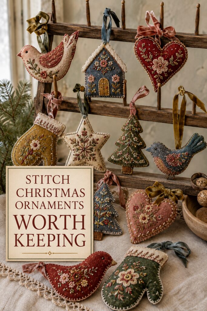 Stitched Felt Christmas Ornaments with Victorian Detail