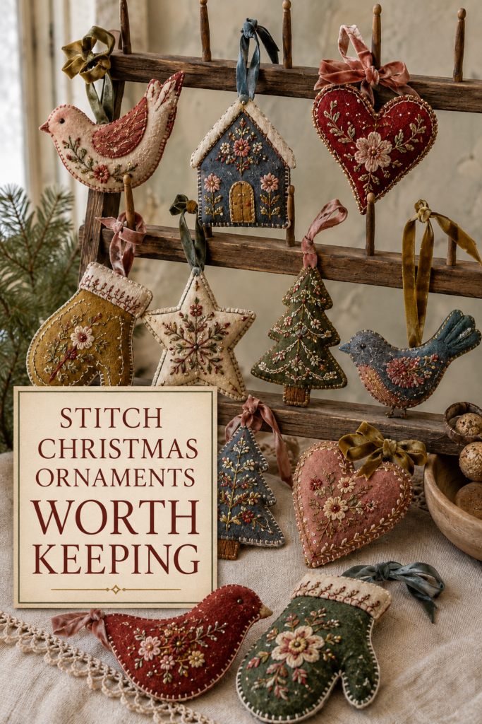 Stitched Felt Christmas Ornaments with Victorian Detail