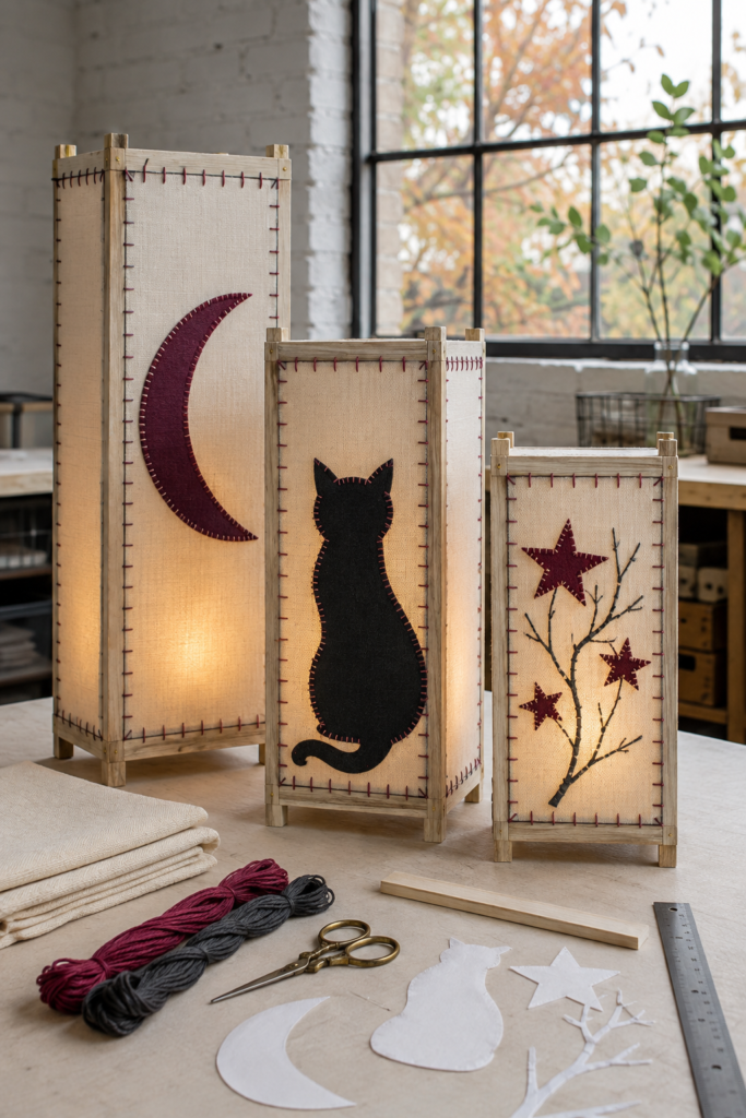 Stitched Canvas Cat-and-Moon Window Lanterns
