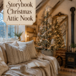 Storybook Christmas attic nook with frosted tree ivory daybed and warm editorial title text