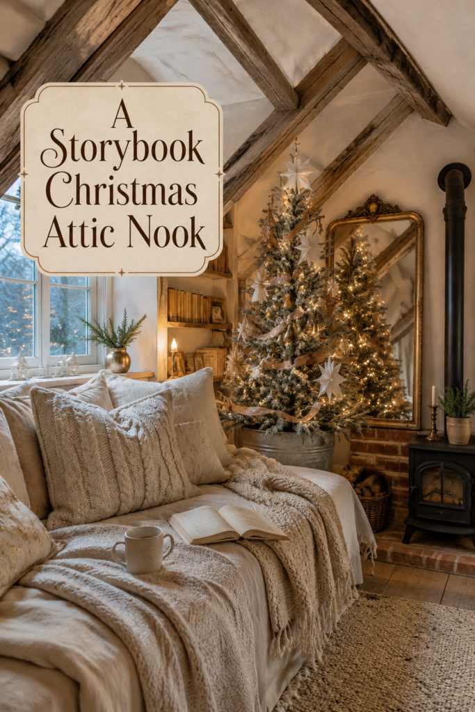 Storybook Christmas attic nook with frosted tree ivory daybed and warm editorial title text