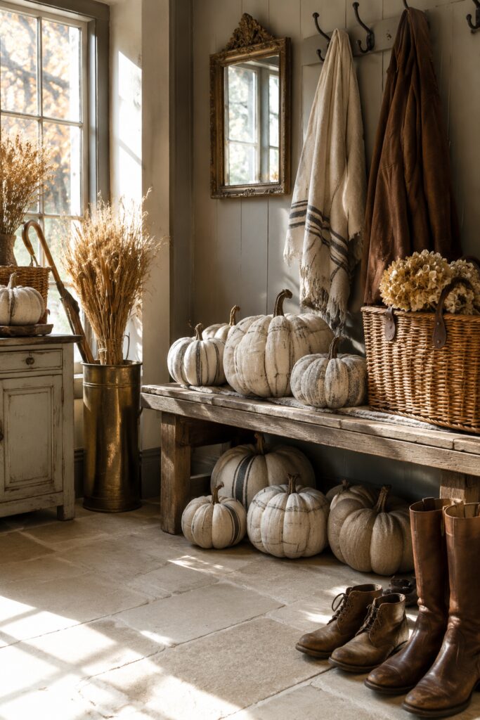 Grain sack fabric pumpkins on a rustic bench in a sunlit fall boot room