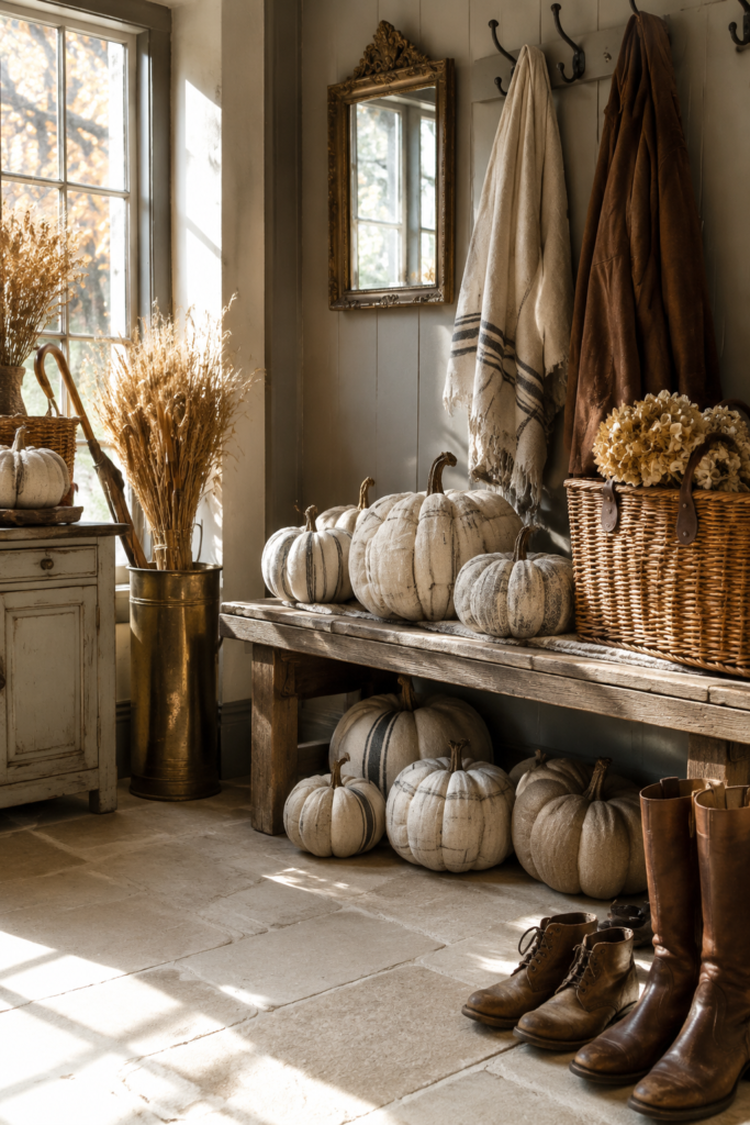 Grain sack fabric pumpkins on a rustic bench in a sunlit fall boot room