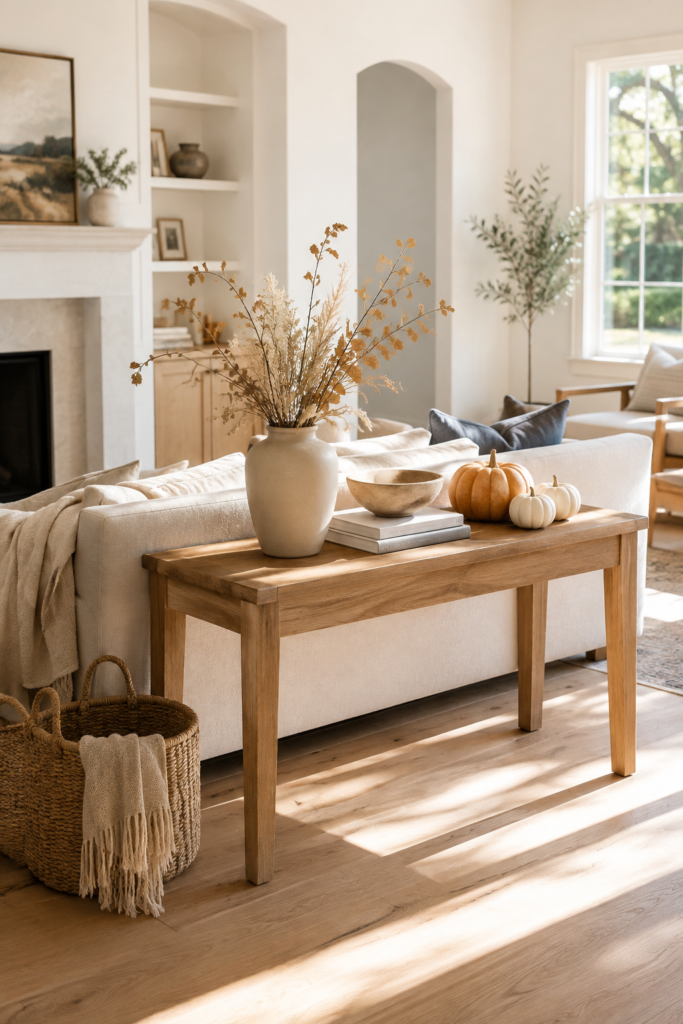 Sunlit Minimalist Living Room with Autumn Decor