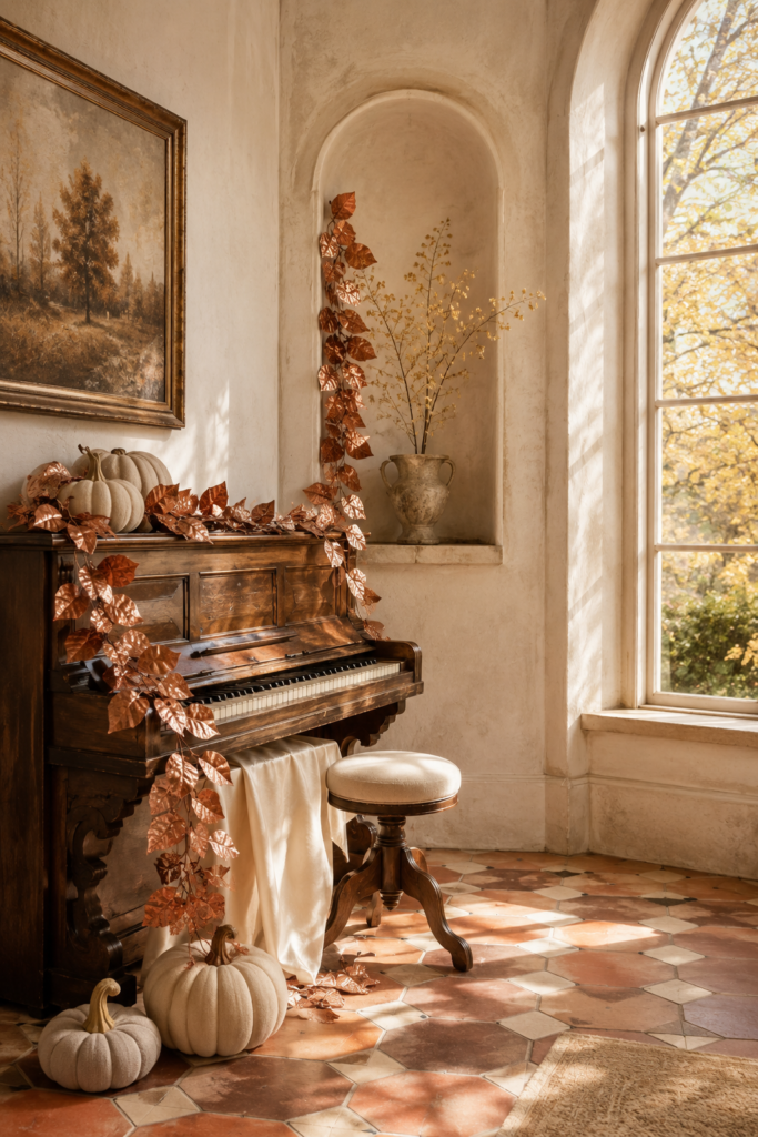 Antique piano decorated with copper leaf garland linen pumpkins vintage landscape art and golden fall branches