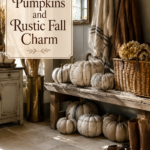 Rustic fall boot room with grain sack pumpkins leather boots and warm title text