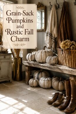 Rustic fall boot room with grain sack pumpkins leather boots and warm title text
