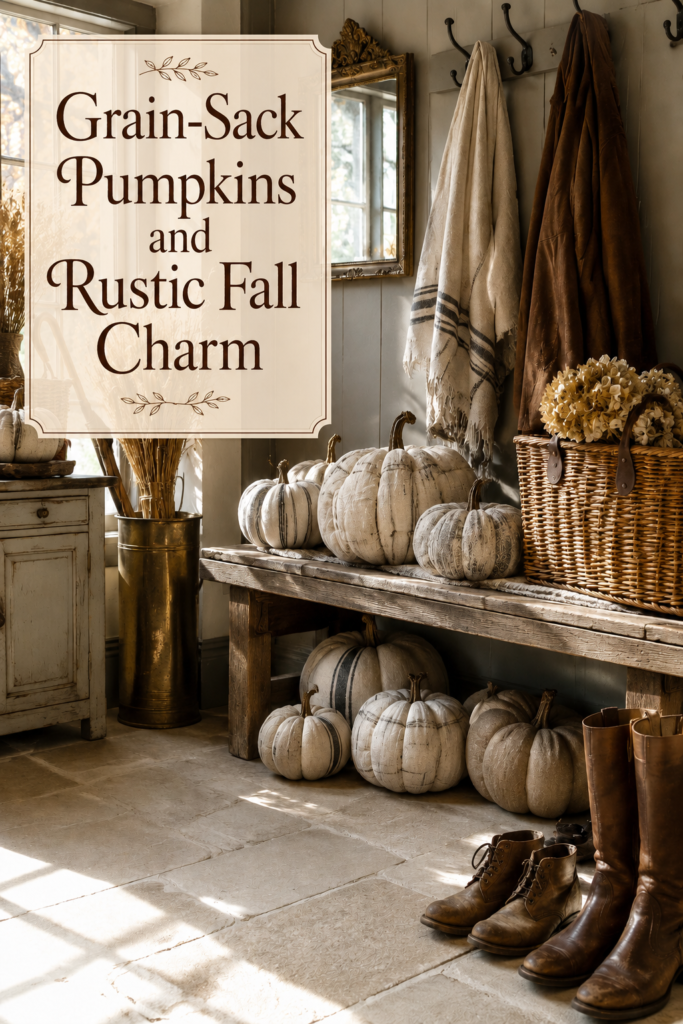 Rustic fall boot room with grain sack pumpkins leather boots and warm title text