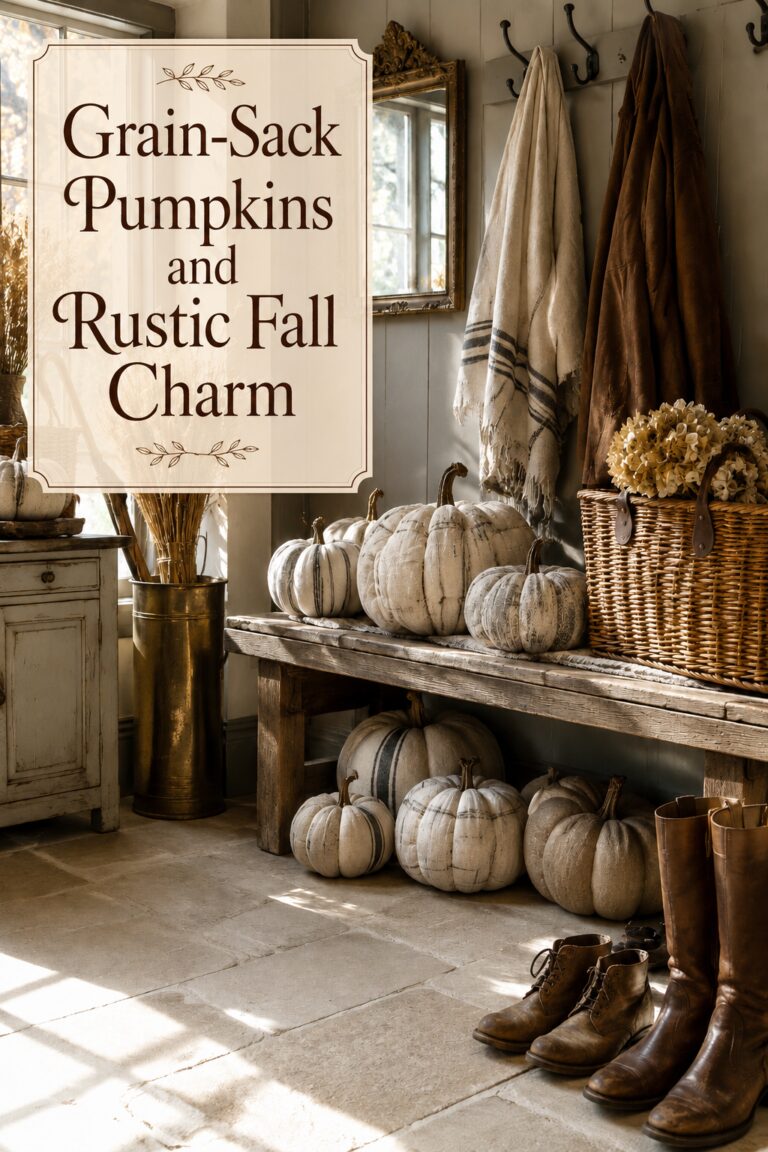 Rustic fall boot room with grain sack pumpkins leather boots and warm title text