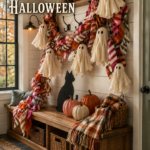 Farmhouse Halloween entryway with fabric ghosts striped garland and a sweeter spin on Halloween text