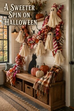 Farmhouse Halloween entryway with fabric ghosts striped garland and a sweeter spin on Halloween text