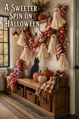 Farmhouse Halloween entryway with fabric ghosts striped garland and a sweeter spin on Halloween text