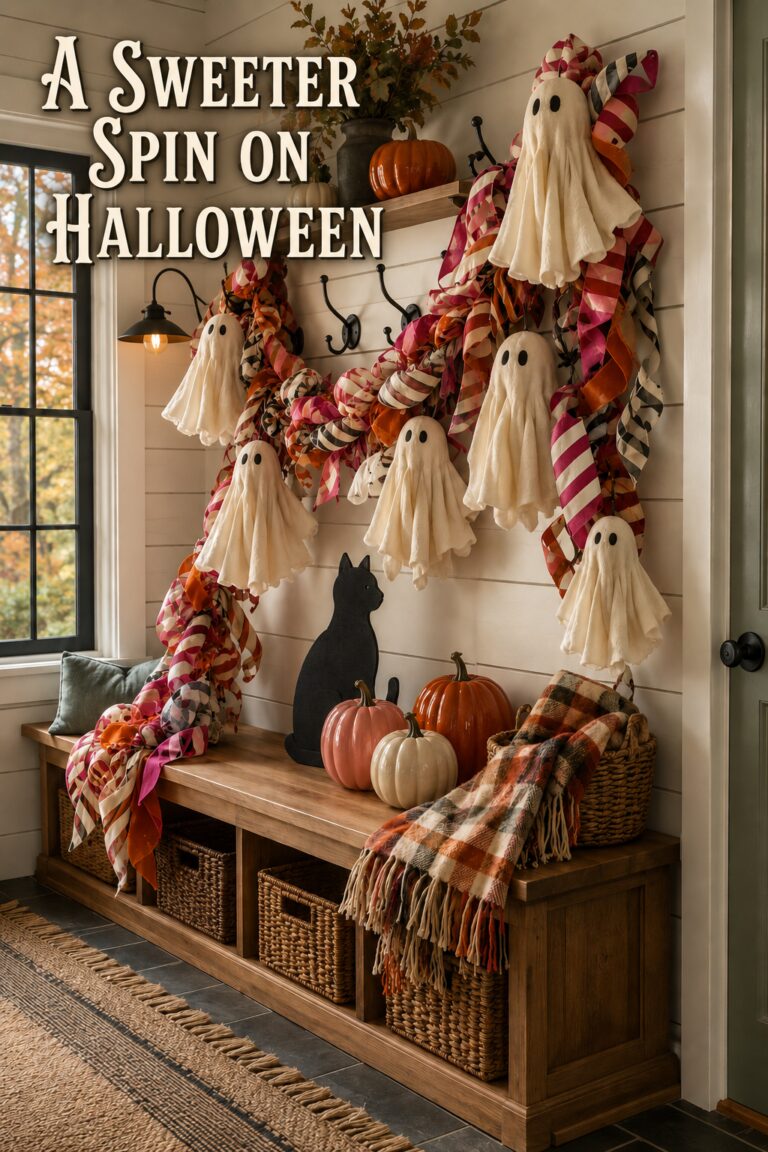 Farmhouse Halloween entryway with fabric ghosts striped garland and a sweeter spin on Halloween text