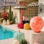 Sweetly spooky poolside Halloween headline over a desert cabana with candy toned decor and turquoise water