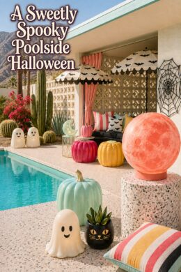 Sweetly spooky poolside Halloween headline over a desert cabana with candy toned decor and turquoise water