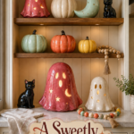 Sweetly spooky Halloween pantry collection with glowing ceramic ghosts candy colored pumpkins and warm vintage title text