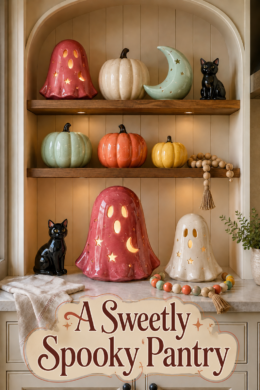 Sweetly spooky Halloween pantry collection with glowing ceramic ghosts candy colored pumpkins and warm vintage title text
