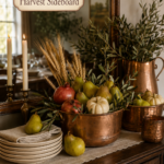 Thanksgiving Sideboars with Pear and Copper Decor