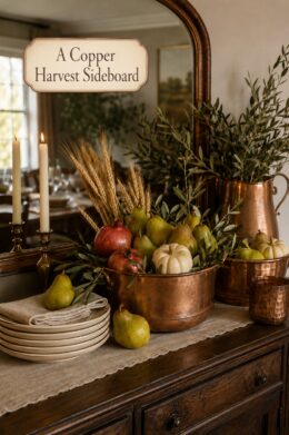 Thanksgiving Sideboars with Pear and Copper Decor