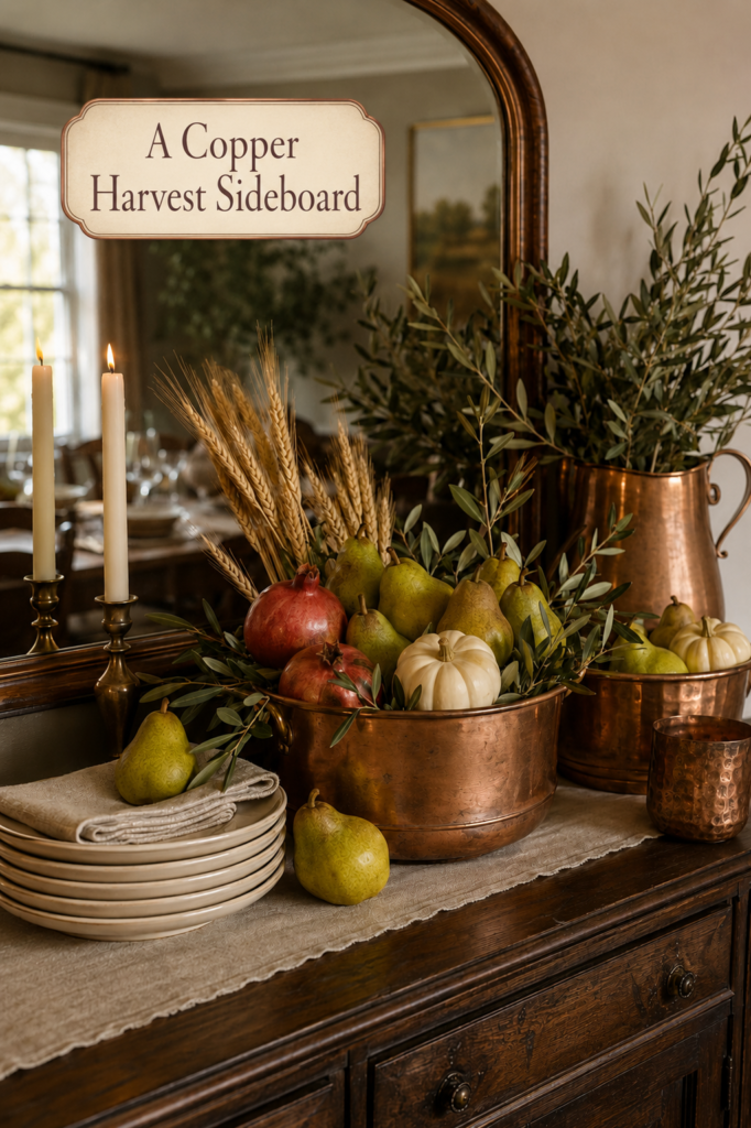 Thanksgiving Sideboars with Pear and Copper Decor