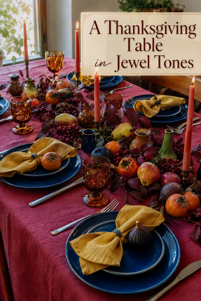 Thanksgiving fruit and foliage tablescape with cranberry linens and jewel tone table headline