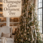 Library Christmas tree with glass ornaments champagne bows and warm title text