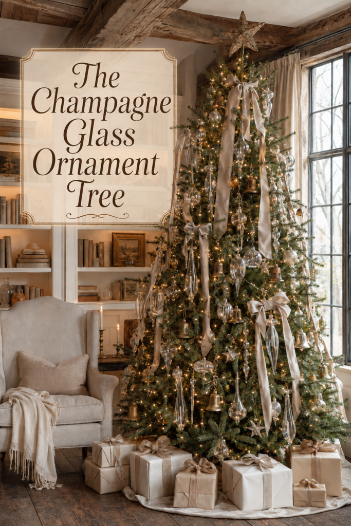 Library Christmas tree with glass ornaments champagne bows and warm title text