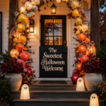 armhouse Halloween entry framed by illuminated ombre pumpkins with the sweetest Halloween welcome title text