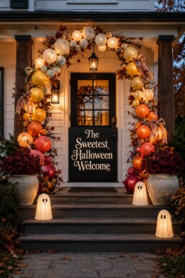 armhouse Halloween entry framed by illuminated ombre pumpkins with the sweetest Halloween welcome title text
