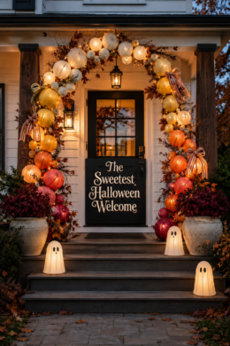 armhouse Halloween entry framed by illuminated ombre pumpkins with the sweetest Halloween welcome title text