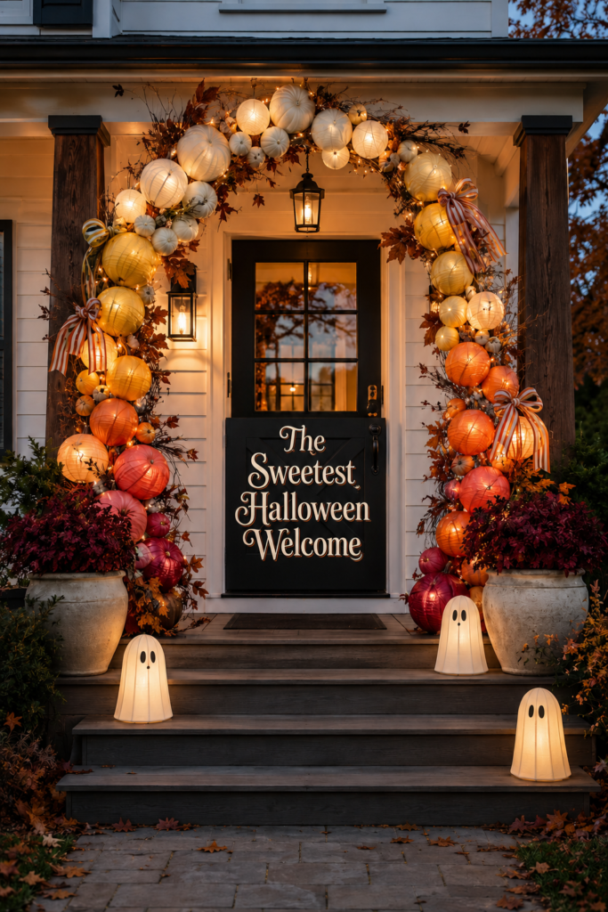 armhouse Halloween entry framed by illuminated ombre pumpkins with the sweetest Halloween welcome title text