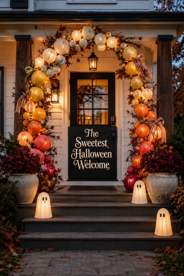 armhouse Halloween entry framed by illuminated ombre pumpkins with the sweetest Halloween welcome title text