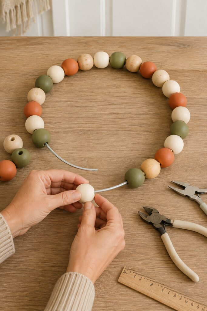 Threading Painted Beads onto a Wreath Ring