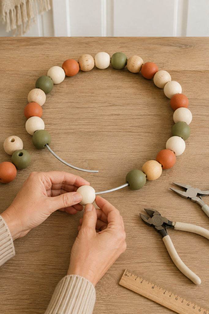 Threading Painted Beads onto a Wreath Ring