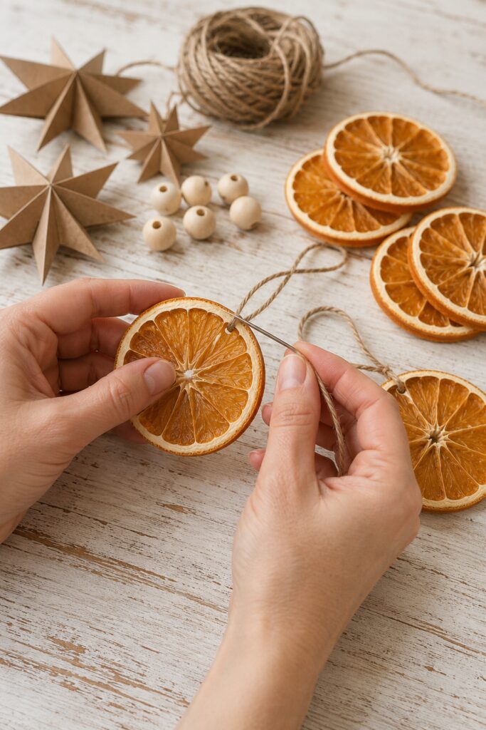 Threading Twine Through Dried Orange Slices