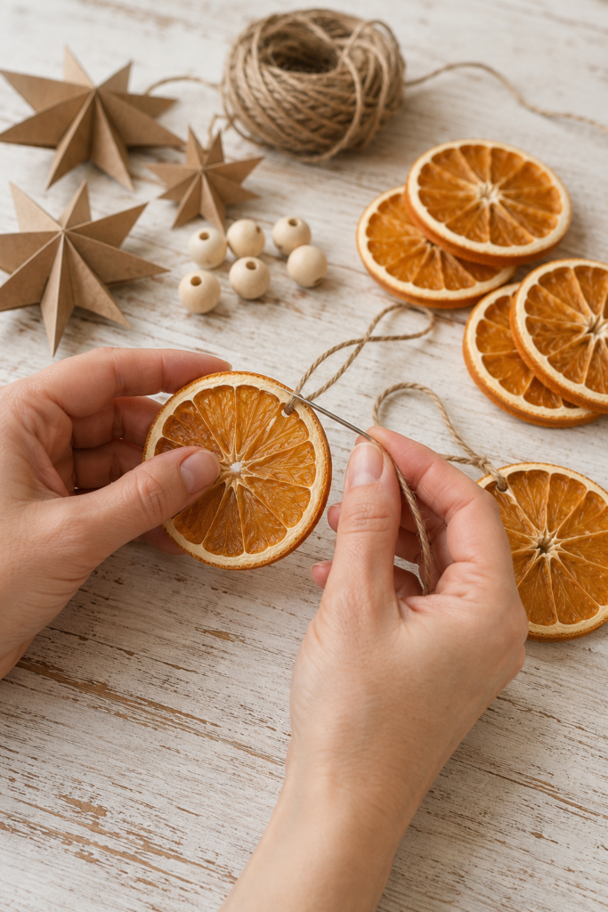 Threading Twine Through Dried Orange Slices
