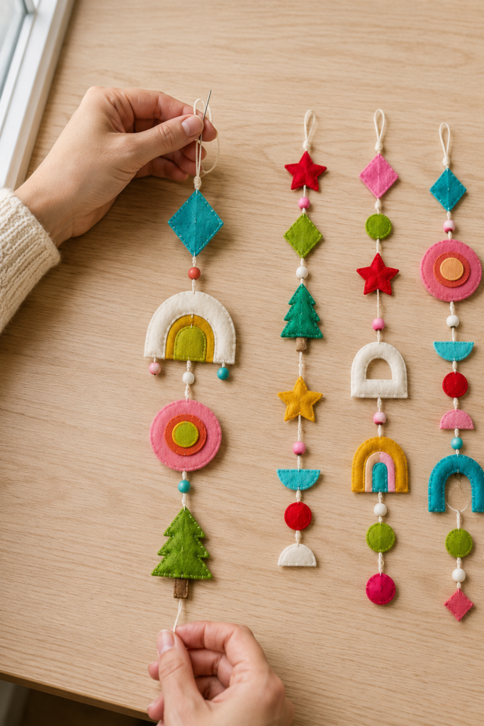 Threading a Felt Christmas Ornament Strand