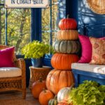 Tower of Orange Pumpkins for Fall in Blue Sunroom