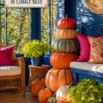 Tower of Orange Pumpkins for Fall in Blue Sunroom
