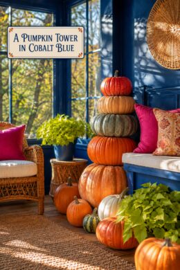 Tower of Orange Pumpkins for Fall in Blue Sunroom